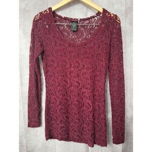 Vanity Y2K‎ Lace Henley Top Womens Medium Burgundy Paisley Sheer Dainty Grunge